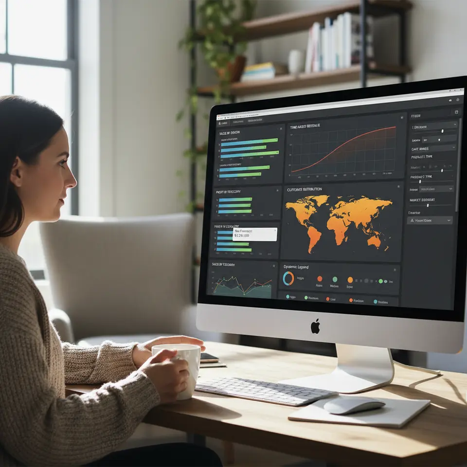 Interactive Tableau data exploration interface showing a drag-and-drop canvas with colorful bar charts, line graphs, maps, and filter controls—overlaid with tooltips and dynamic legends to convey real-time analytics