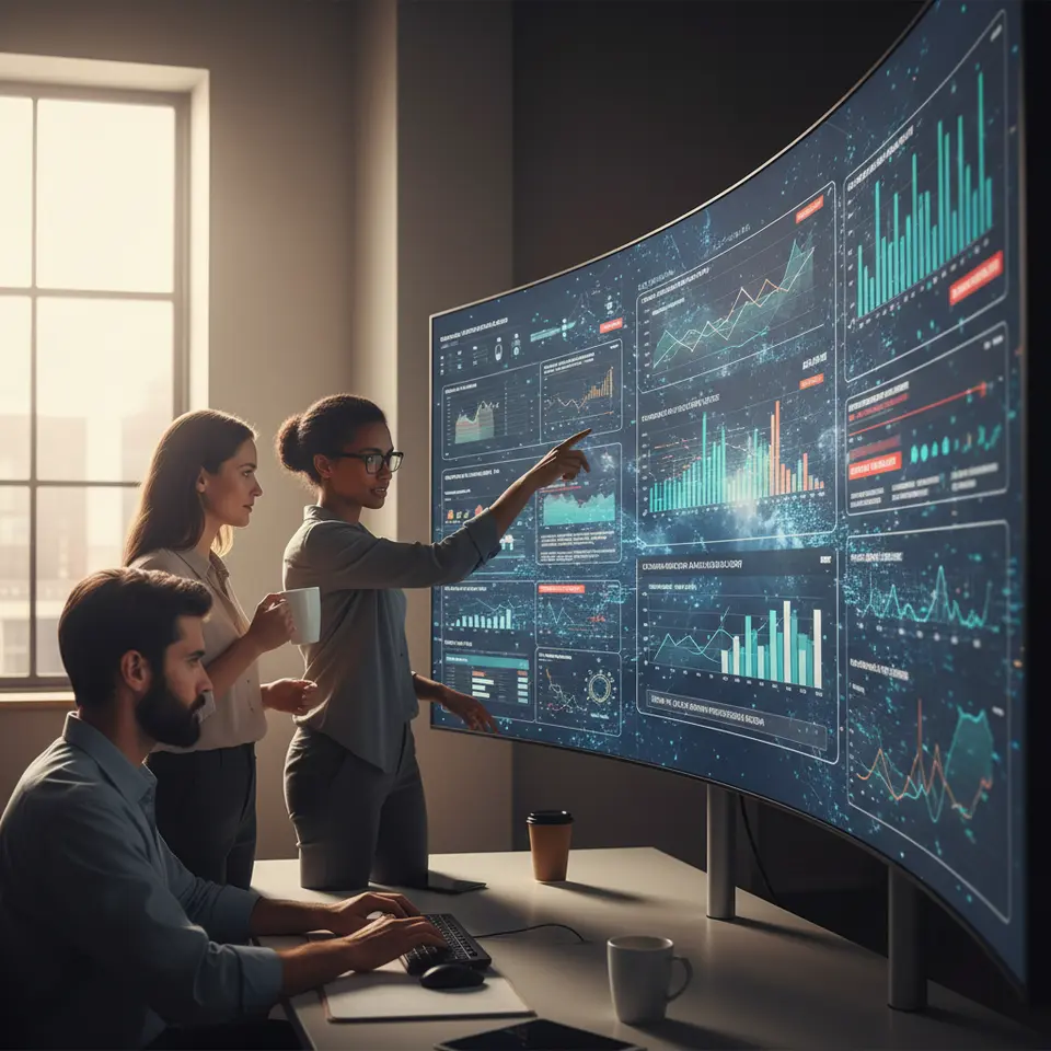 AI-Driven Analytics Platforms: A high-tech control-room style dashboard showing colorful predictive charts, real-time anomaly alerts and natural-language query panels overlaying a cloud data-lake backdrop.
