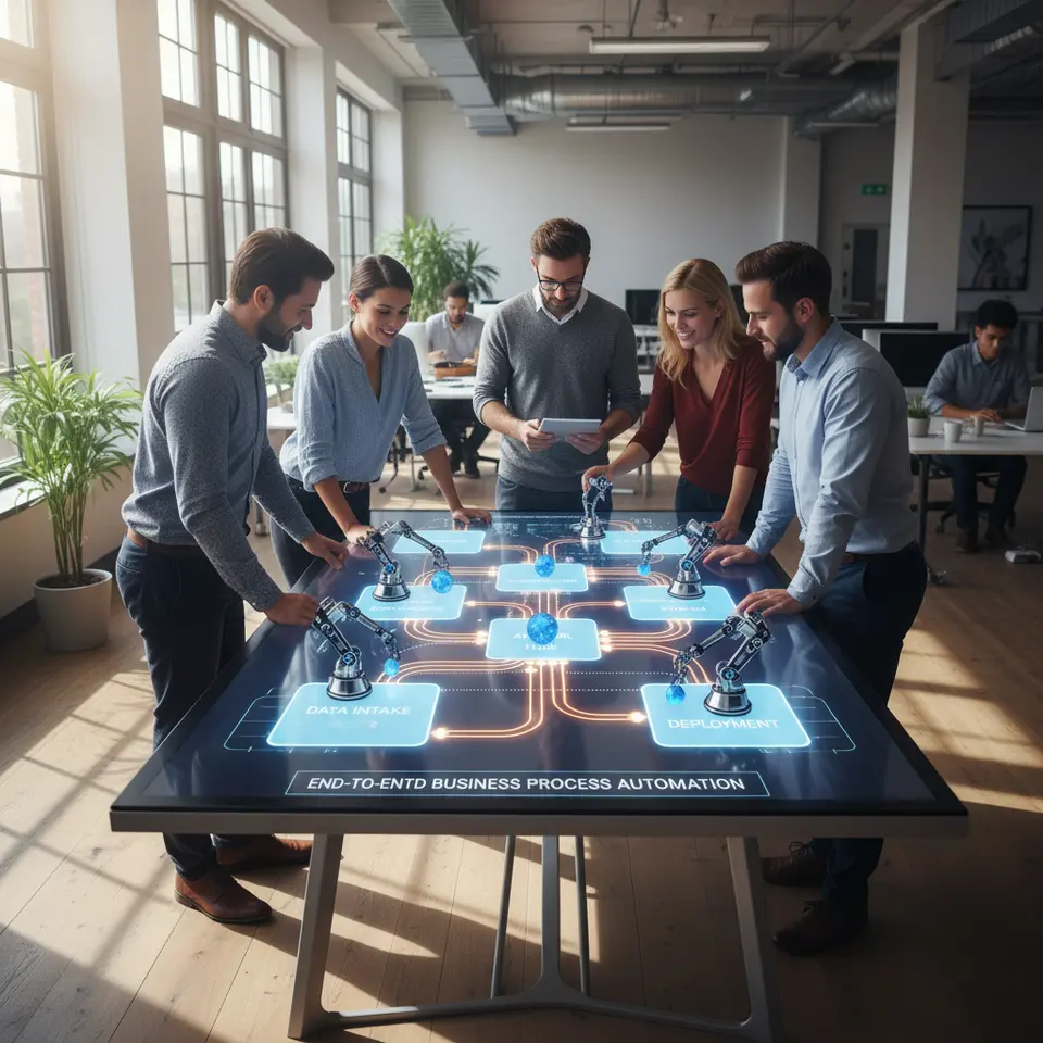 Automation & Workflow Orchestration: A sleek network of robotic process automation bots moving data through drag-and-drop workflow blocks, connected by glowing API cables to represent end-to-end business process automation.