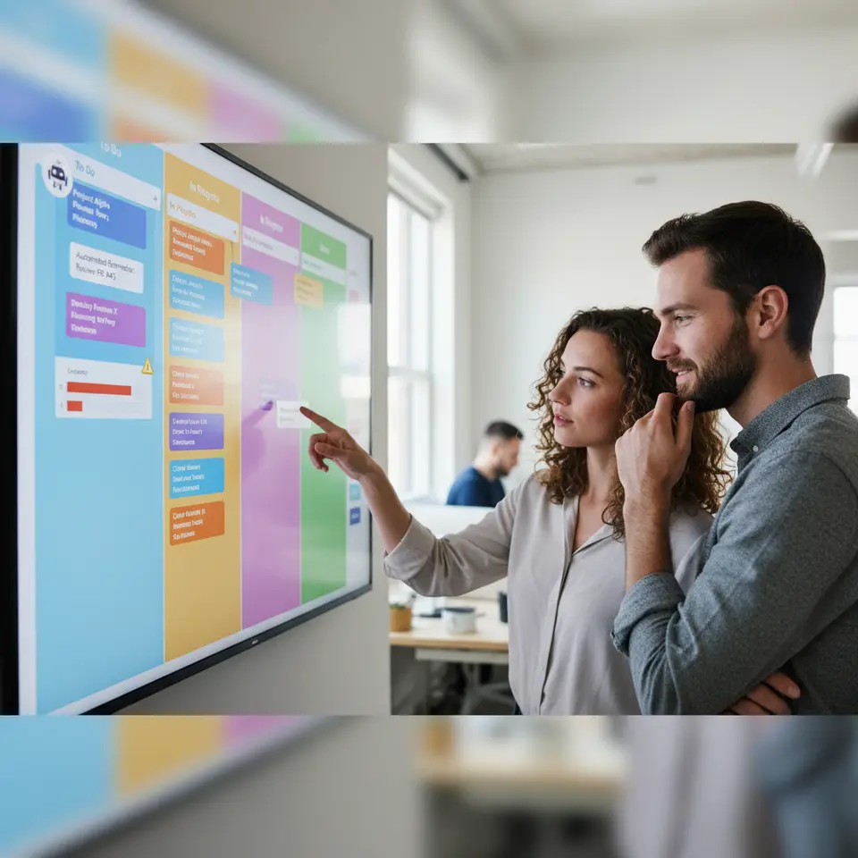 A vibrant digital Kanban board interface showing columns titled ‘To Do’, ‘In Progress’, and ‘Done’, with colorful task cards moving between stages, automated bot notifications popping up, and visual indicators of bottlenecks and workload balancing