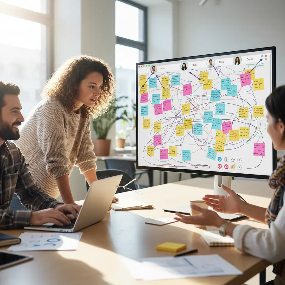 An interactive online whiteboard session in progress: a shared canvas filled with multicolored sticky notes, freehand sketches, flowcharts, participants’ avatars adding ideas in real time, and voting icons to highlight top concepts