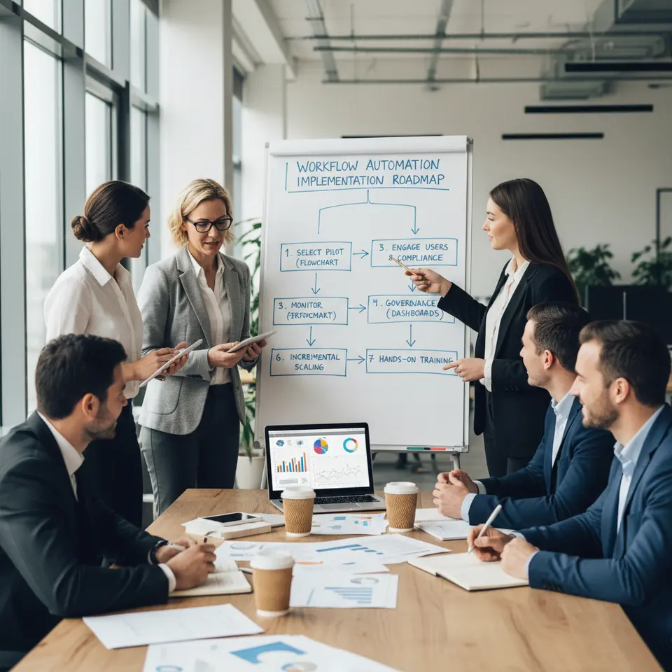 Step-by-step implementation roadmap for workflow automation: selecting a pilot process, mapping steps in a flowchart, engaging end users and compliance teams, monitoring performance with dashboard visuals, governance & change management center, incremental process scaling, and hands-on training sessions