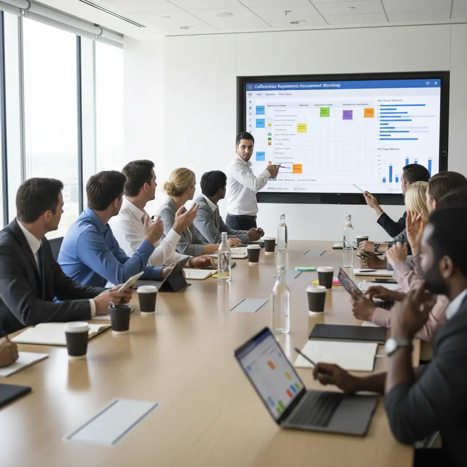 Collaborative Requirements Assessment Workshop: a diverse group of IT, finance, operations, marketing, and customer service stakeholders seated around a conference table, engaging with digital sticky notes and charts on a large screen displaying a matrix of must-have vs nice-to-have features, weighted scoring bars, and ROI target metrics